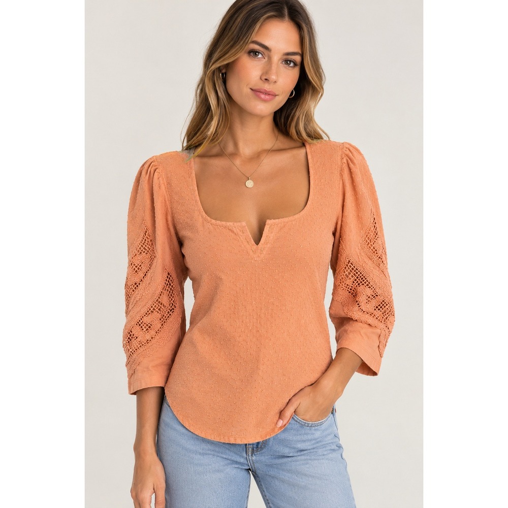 Free People Crochet Sleeve Dobby Dot Top Terracotta Orange XL